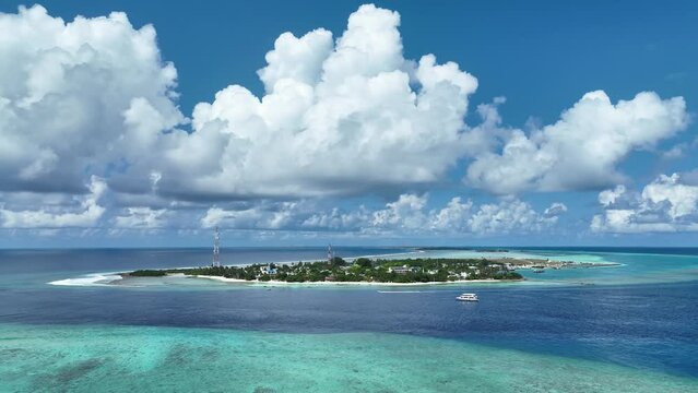 Tropical aerial view with maldives paradise scenery seascape with water villas as amazing sea and lagoon beach, Exotic tourism	