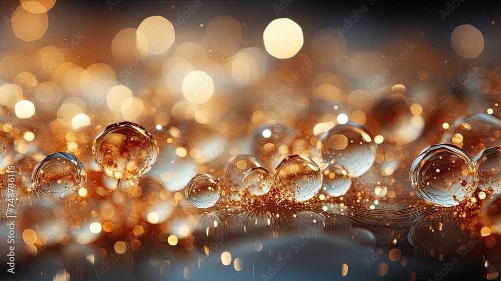 Poster a collection of shimmering bubbles gracefully floating on a tabletop, catching the light and creatin