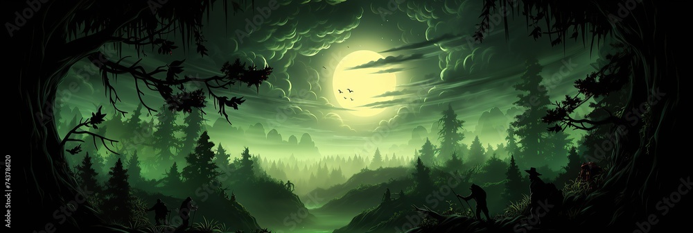Poster dark forest illuminated by the glow of a full moon. The trees cast ominous shadows as the moonlight filters through the dense foliage