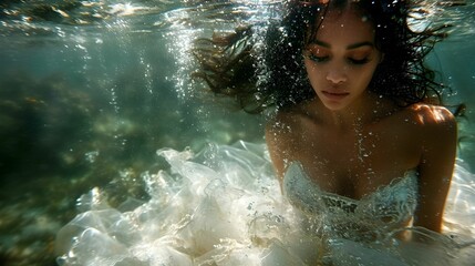 Woman wearing a white dress underwater in swimming pool. beautiful woman under water