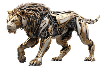 Realistic mechanical cyber Animal Robotic Lion PNG isolated on a white and transparent background -cybernetic Hybrid cyber Spy tiger robot Technology