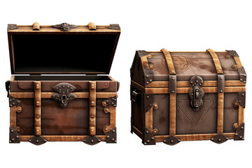 mediaeval chest PNG opened and closed view treasure box isolated on a white and transparent background - old wooden antique vintage chest with gothic and middle ages pirate game asset Concept