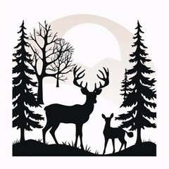 Black silhouette, tattoo of a deer, reindeer, pine trees, trees on white isolated background. Vector.