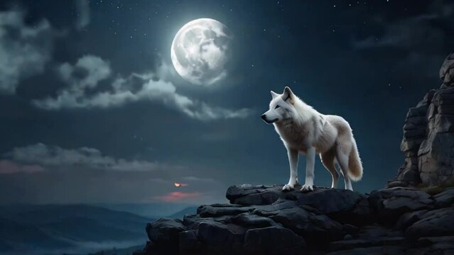 On the night of the full moon The white wolf stood at the edge of the cliff. AI generative