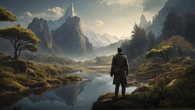 An explorer Stand in awe at the natural scenery that no one has ever discovered before. AI generative