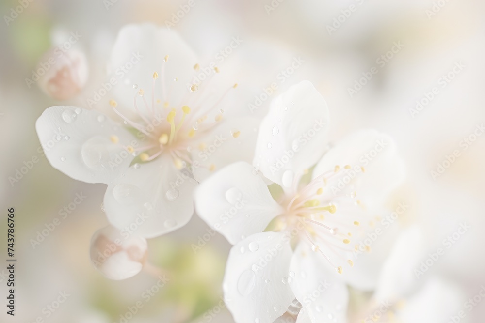 Poster delicate white flower covered in sparkling water droplets, enhancing its beauty and creating a mesmerizing display of natural elegance