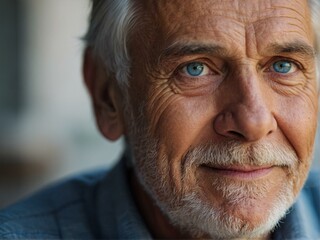 A weathered senior citizen's face, lined with wrinkles and framed by a moustache, stares into the camera with piercing blue eyes, conveying both strength and vulnerability