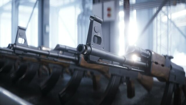 Russian machine gun AK 47 production factory. War concept. Realistic 4k animation.