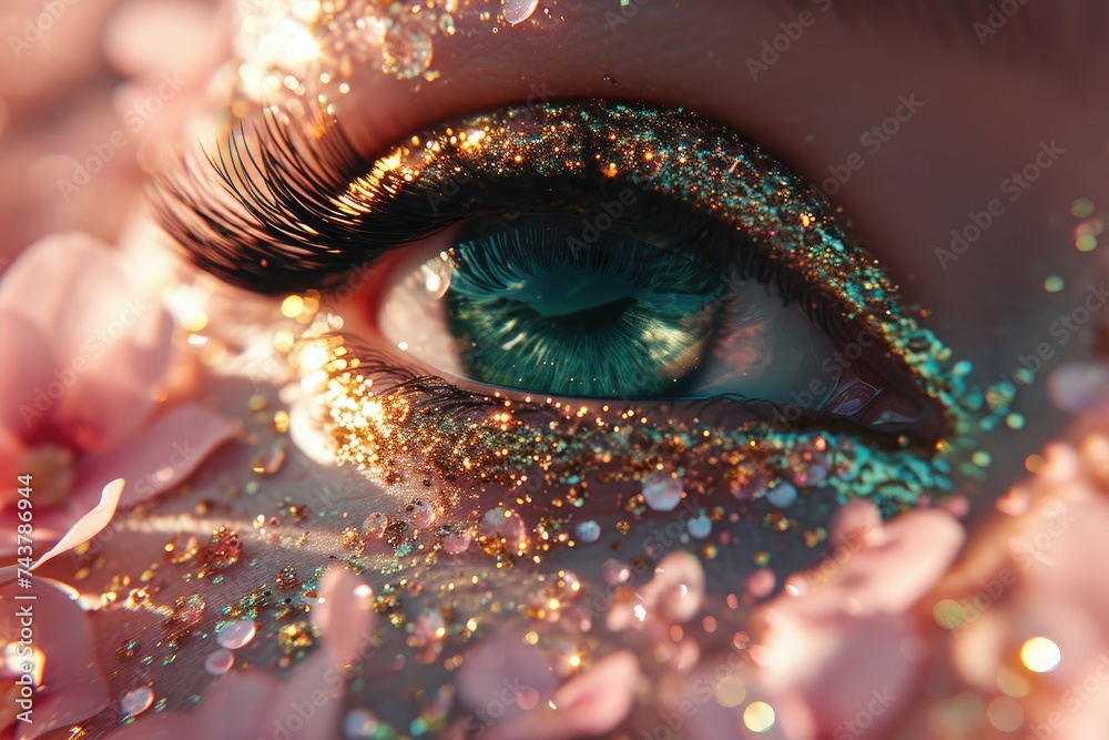 Poster A detailed close-up shot capturing a single eye with glitter applied around it, creating a mesmerizing and enchanting look