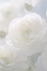 delicate white flowers adorned with glistening water droplets, reflecting the serenity of a gentle rain shower