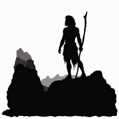 Black silhouette, tattoo of a prehistoric man with a stick on a stone. on white isolated background. Vector.