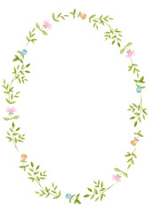 Oval flower frame. Hand drawn watercolor illustration. Easter, spring, children's party, birthday, baby shower. Design for greeting cards, invitations, posters.