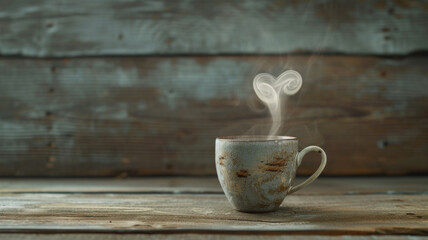 Fototapeta na wymiar Vintage Elegance, Coffee Cup Adorned with Heart Steam on Aged Wood