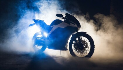 person in a mask on the road, sports bike enveloped in smoke, light leak, atmospheric, colorful,...