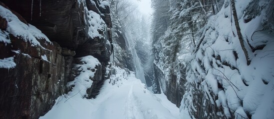 A person is skiing down a snowy path in the wintery surroundings of the Flume Gorge trail in Franconia Notch State Park, New Hampshire. The skier is navigating the curvy path with skill and speed.