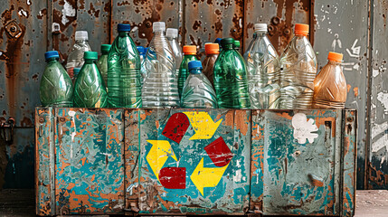 Box with bottles for return for plastic and glass recycling. Throwing bottles into a recycling container