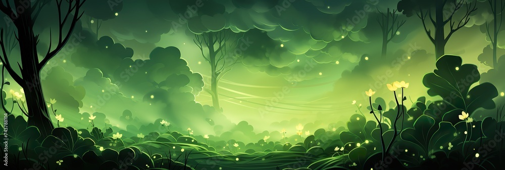 Poster a vibrant painting capturing a dense forest teeming with a multitude of majestic trees, creating a h