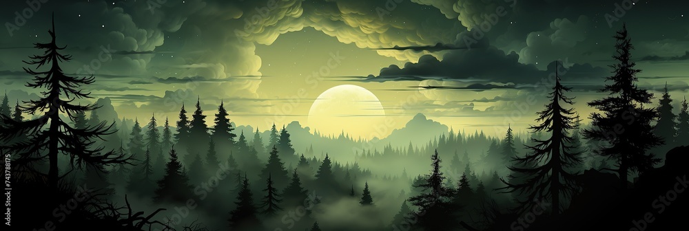 Aufkleber A captivating painting featuring a dense forest illuminated by the soft glow of a full moon, casting shadows among the tall trees and creating a serene ambiance