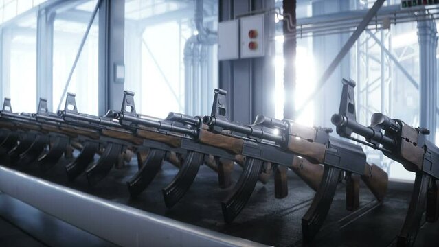 Russian machine gun AK 47 production factory. War concept. Realistic 4k animation.