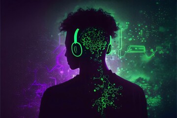 Silhouette of man with headphones on colorful background of charts.