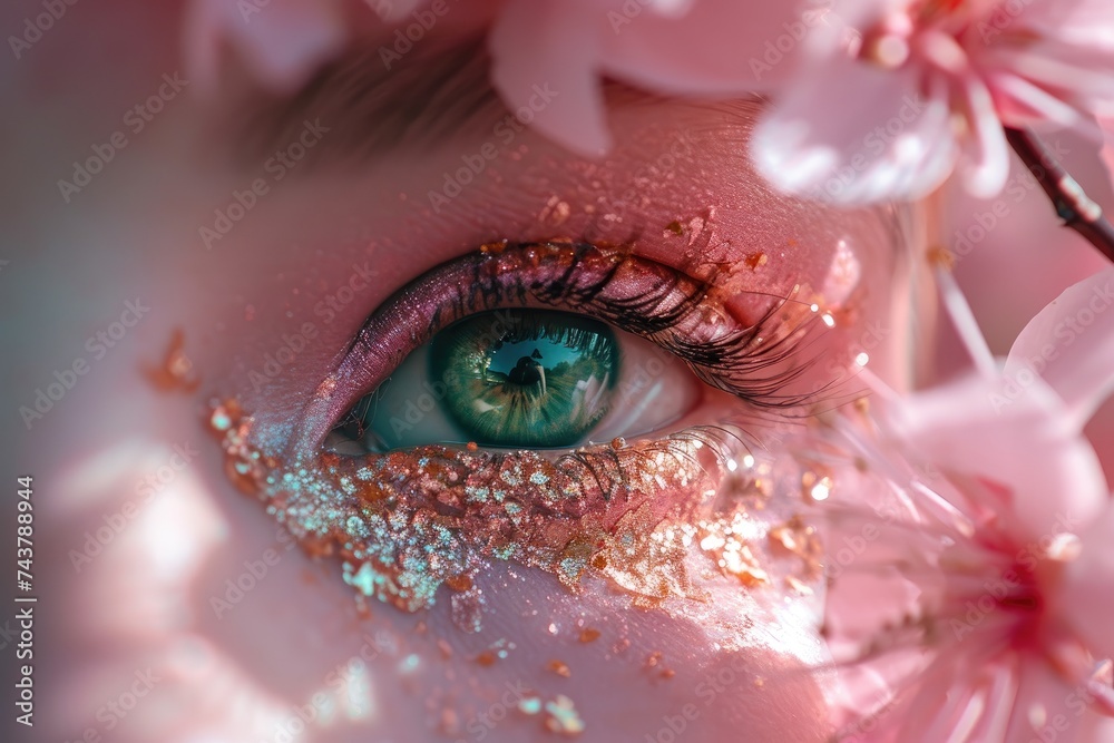 Aufkleber A close-up view of a persons eye with glitter delicately applied, creating a mesmerizing and enchanting sparkle that catches the light