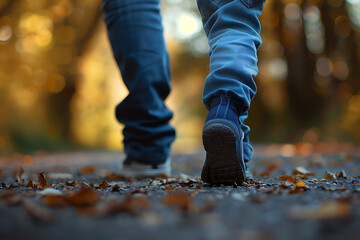 man's feet walking on road with autumn leaves
