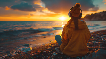 girl listening to music on the beach at sunset - obrazy, fototapety, plakaty