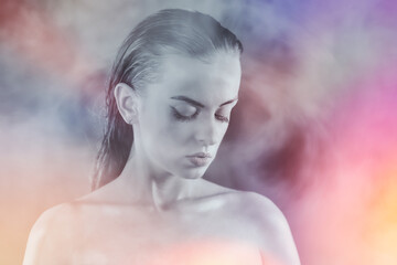 Portrait shot of a pretty young woman, Surreal blurry portrait.