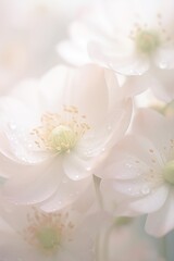 Fototapeta na wymiar Delicate white flowers adorned with sparkling water droplets dance gracefully, capturing the beauty of nature in a serene moment, Mother's Day
