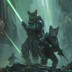 Fototapeta premium In a dystopian landscape a cat and dog in sleek armor embark on a quest laser swords in hand cutting through the darkness