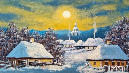 Oil paintings rustical landscape, winter landscape with church, winter landscape in the old village. Fine art, artwork - 743790306