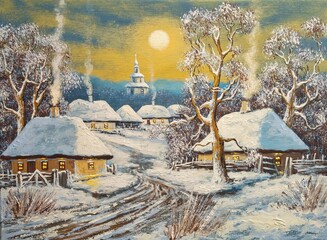 Oil paintings rustical landscape, winter landscape with church, winter landscape in the old village. Fine art, artwork - 743790311