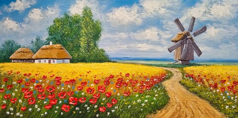 Rustical landscape, road in the field, oil paintings rural landscape, fine art, artwork, in the old village. - 743790323