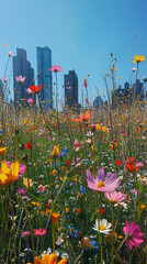 Manhattans skyline with wildflowers overtaking buildings under a clear sky showcasing a balance of urban and natural beauty