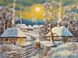 Oil paintings rustical landscape, winter landscape with church, winter landscape in the old village. Fine art, artwork - 743790334