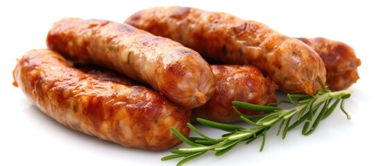 A pile of delicious sausages, with a sprig of rosemary, ready to be enjoyed, photographed against a white background.