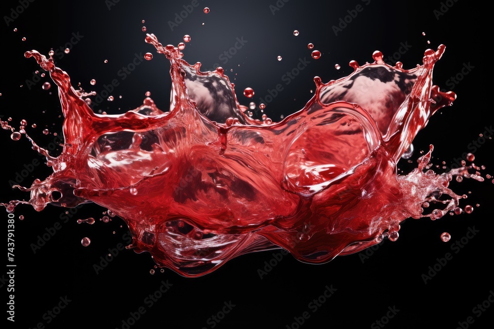 Poster vibrant red liquid splashes dramatically against a sleek black background, creating a dynamic and ca
