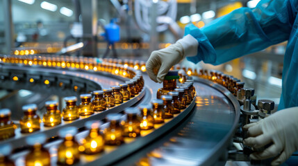 Hand with sanitary gloves check Medical vials on production line at pharmaceutical factory, Pharmaceutical machine working pharmaceutical glass bottles production line. - obrazy, fototapety, plakaty
