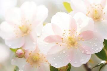 A cluster of white flowers covered in sparkling water droplets, reflecting the light and adding a fresh and delicate touch to the scene