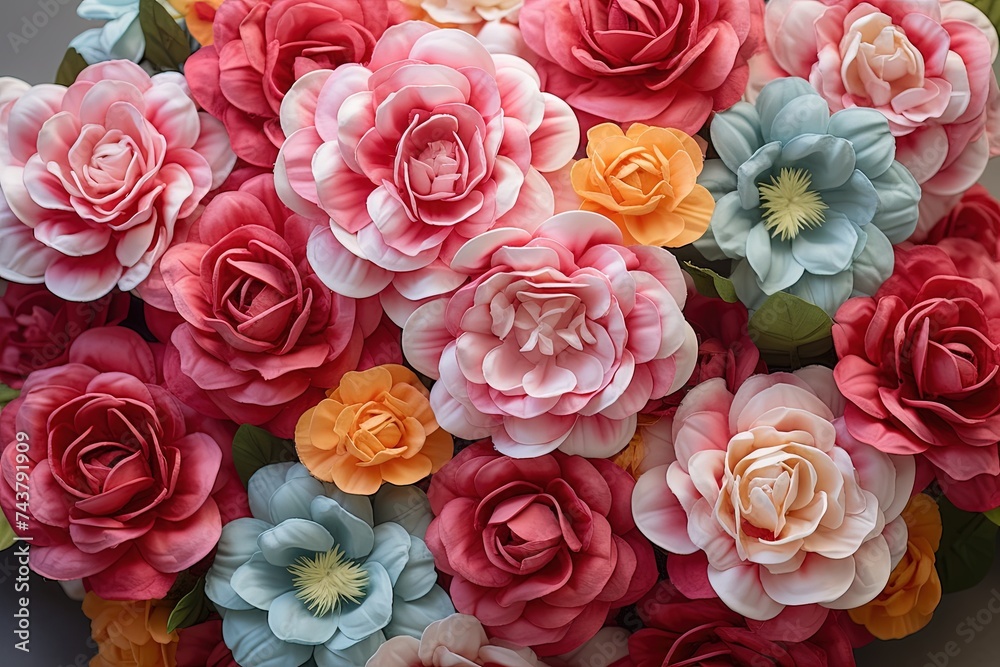 Poster A vibrant array of assorted flowers in full bloom rest delicately on a wooden table