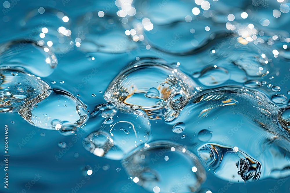 Fototapete close-up of transparent water bubbles cascading on a vibrant blue surface, creating a mesmerizing vi