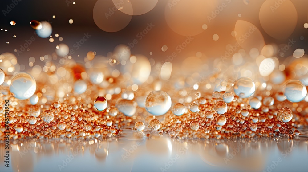 Poster close-up view of water droplets delicately resting on a textured surface, each reflecting light like