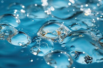 Close-up of transparent water bubbles cascading on a vibrant blue surface, creating a mesmerizing visual display