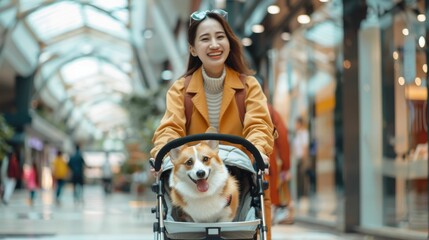 A joyful young woman is pushing a dog stroller with a smiling corgi inside, while shopping in a modern mall.