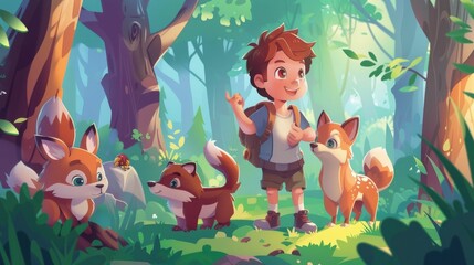An animated scene depicting a boy with a backpack while surrounded by curious forest animals in a sunlit woodland.