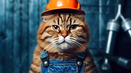 Funny cat in a construction helmet - 743792709