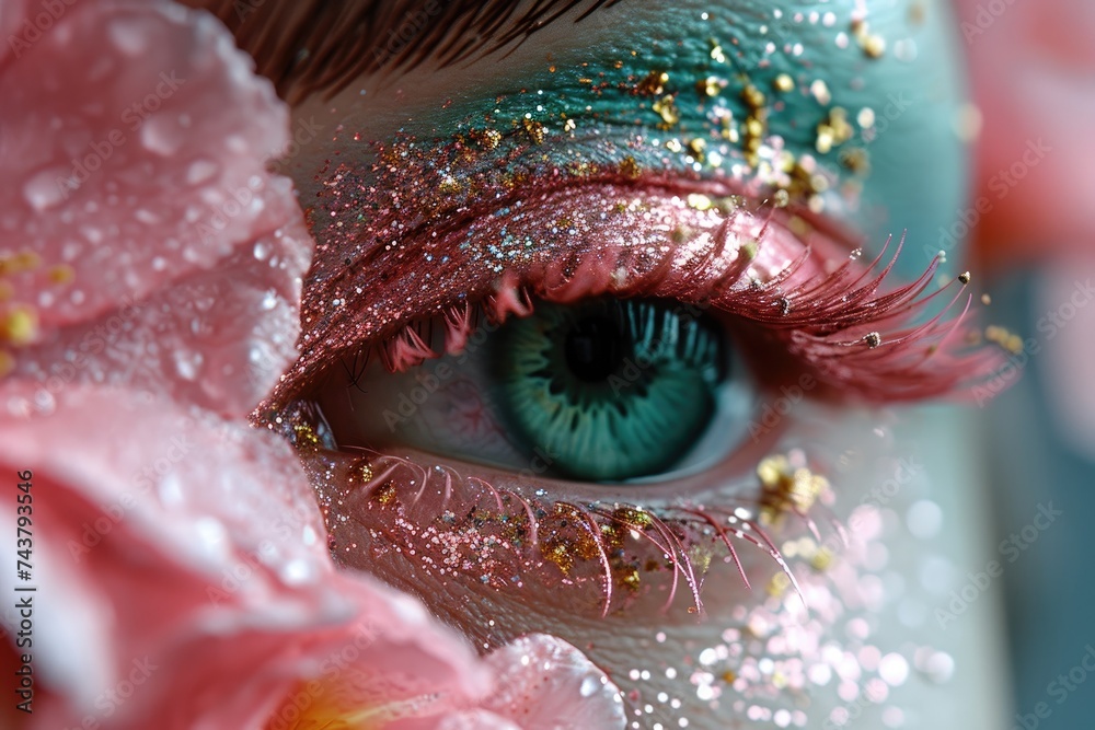 Poster a detailed close-up of a persons eye with shimmering glitter delicately applied, creating a dazzling