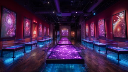 Violet shadows cast a dynamic glow in a museum where each exhibit tells a vivid story alive with history - obrazy, fototapety, plakaty