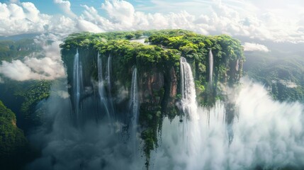 A tranquil island with dense foliage and waterfalls descending into clouds, set against a backdrop of blue skies and soft sunlight.