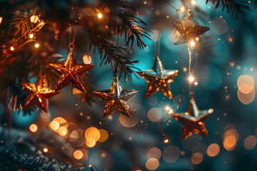Blue Festive elegant abstract background with bokeh lights and stars.